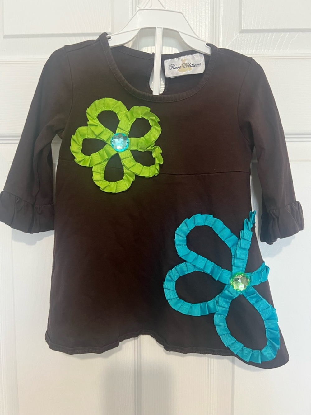 Y2K Rare Editions Black Long Sleeve Top with Green & Teal Flower Appliqués